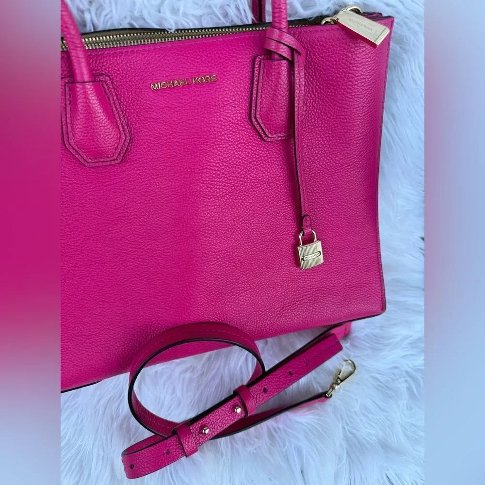 Michael Kors Fuchsia Pink Satchel – Pebbled Leather + Gold Lock & Strap - Picture 2 of 16